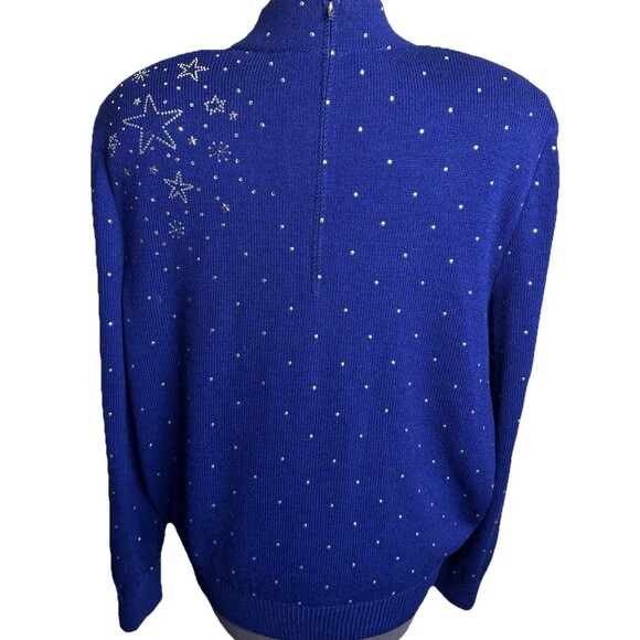 Vtg St John Evening Santana Knit Sweater Rhinestone Stars Large Blue USA - Picture 2 of 9